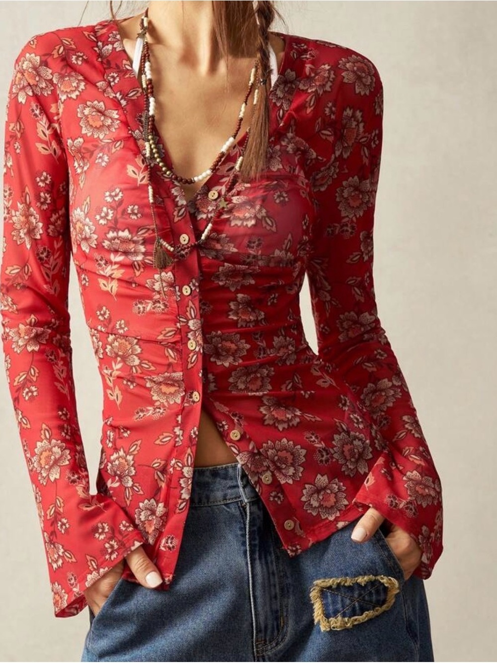Red Sheer Floral Button-Front Women’s Top